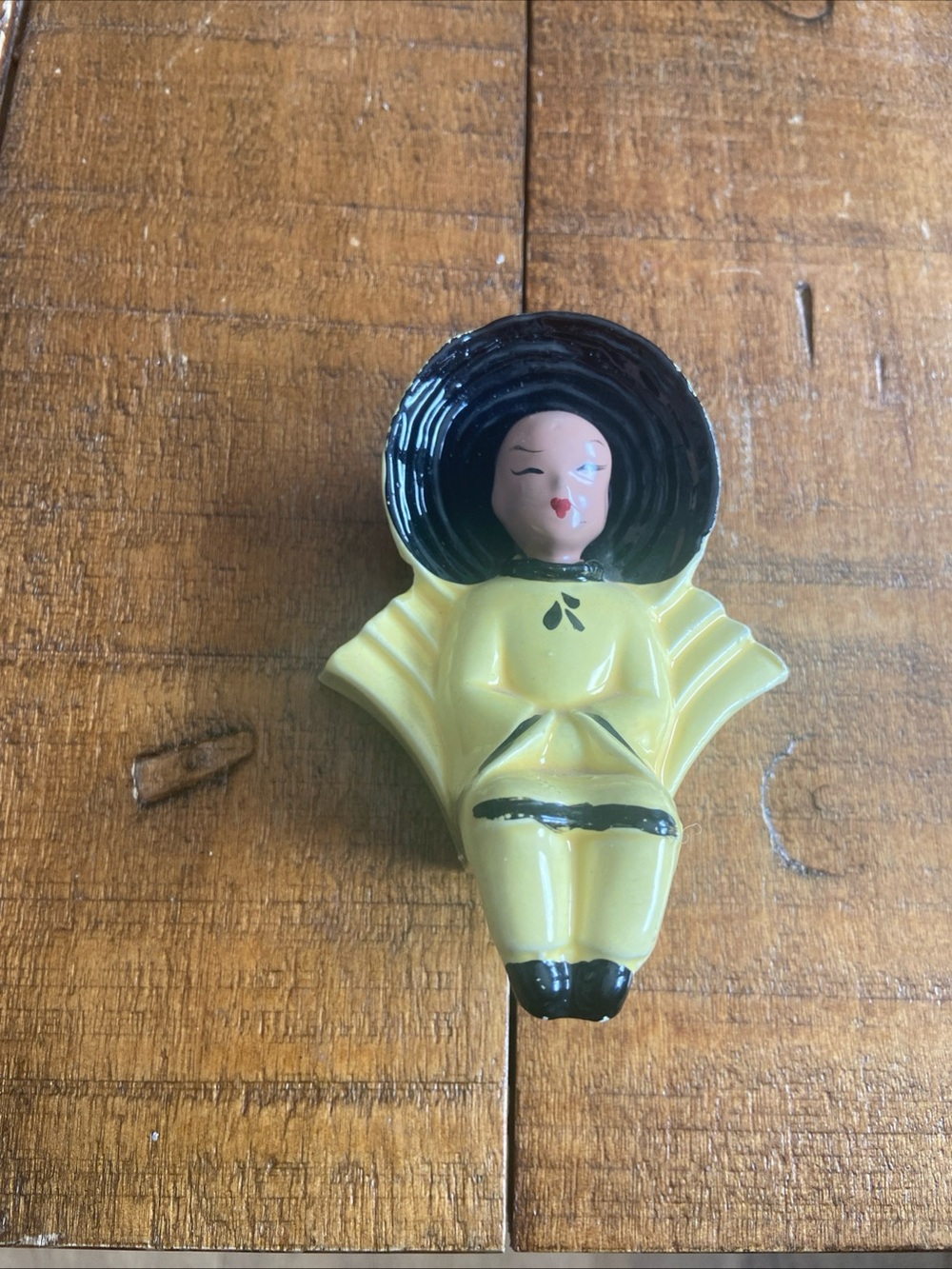 Vintage Ceramic Asian Girl in Hat Figurine Yellow Black Handpainted